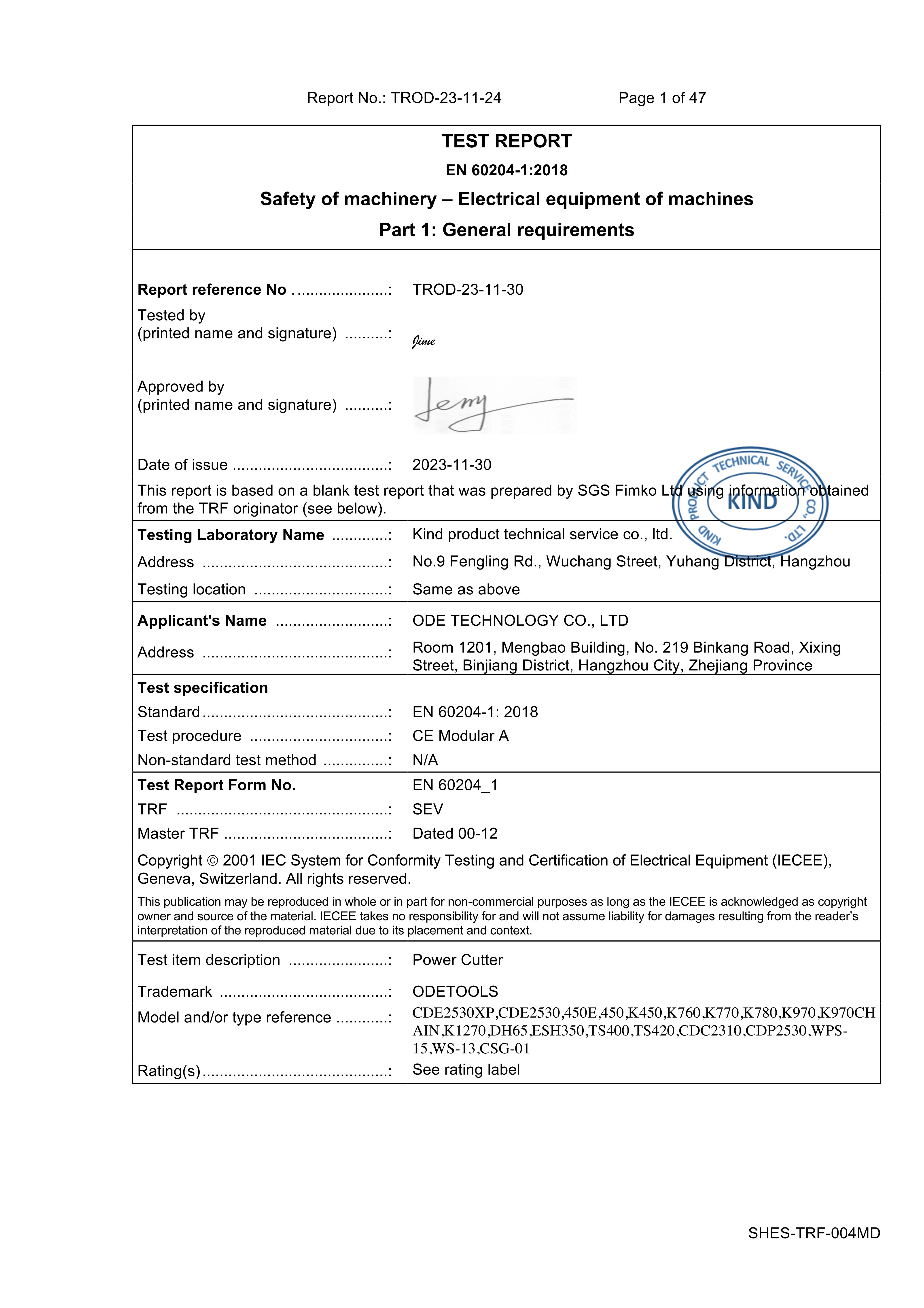 EN 60204-1-ODE Technology Cutting Saw